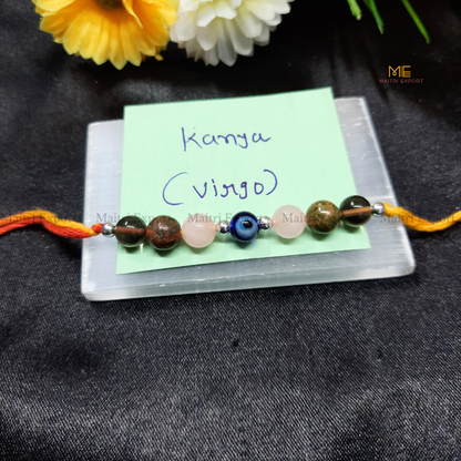 Natural crystal stone based zodiac sign rakhi-Virgo-with evil eye bead-Maitri Export | Crystals Store