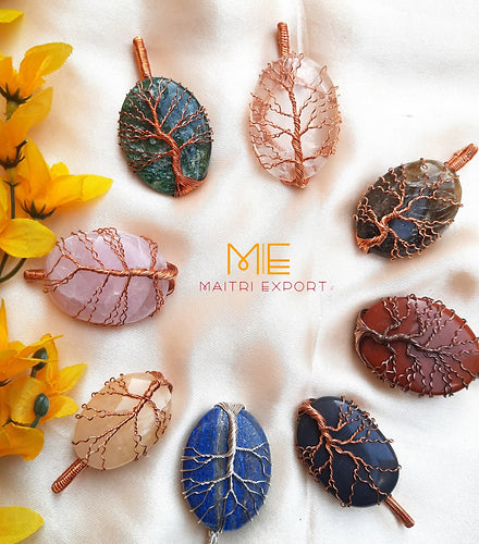 Natural different crystal stone oval shaped pendant with copper wire tree of life design.-Maitri Export | Crystals Store