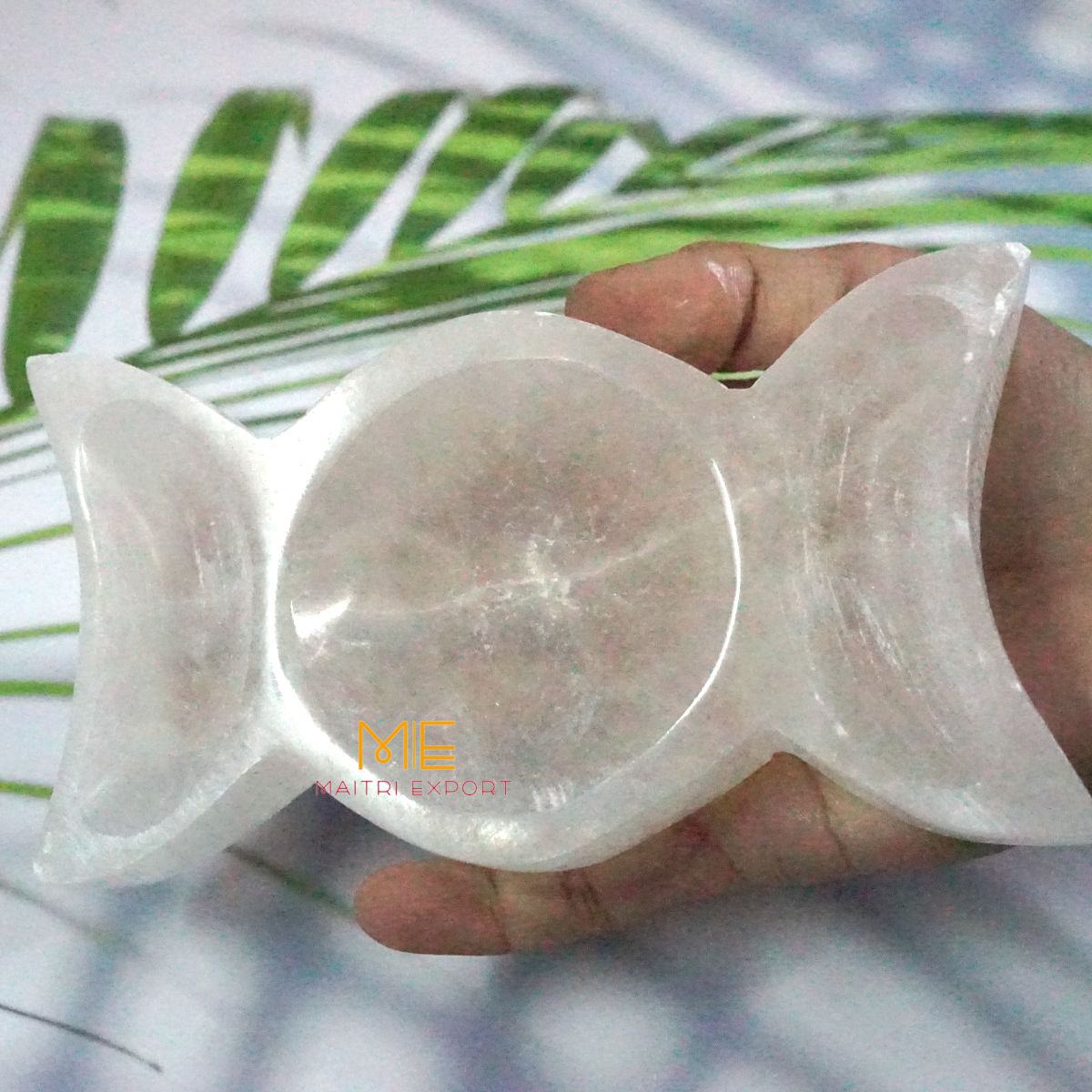 Natural Selenite crystal hand carved bowl in different shapes-3 Moon-Maitri Export | Crystals Store