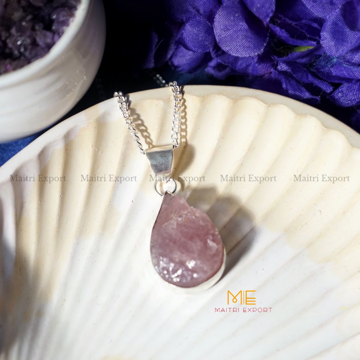 Natural crystal stone raw framed pendant-Rose Quartz-Maitri Export | Crystals Store