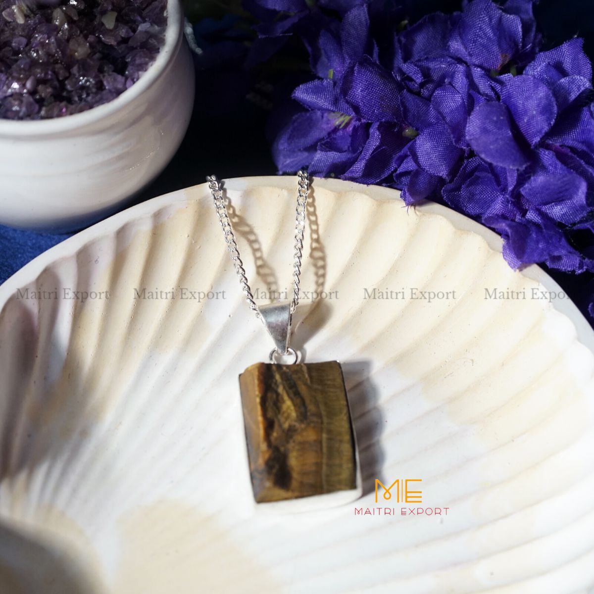 Natural crystal stone raw framed pendant-Tiger Eye-Maitri Export | Crystals Store
