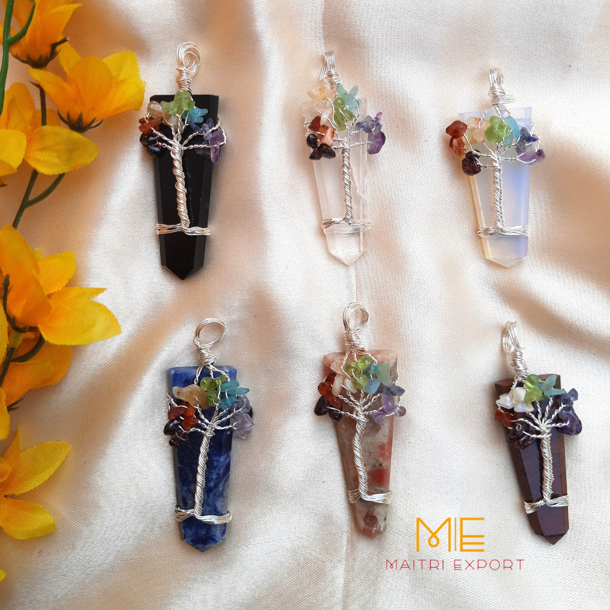 Natural Different Crystal Stone Flat Point Pendant with 7 chakra Tree of Life wire design-Maitri Export | Crystals Store