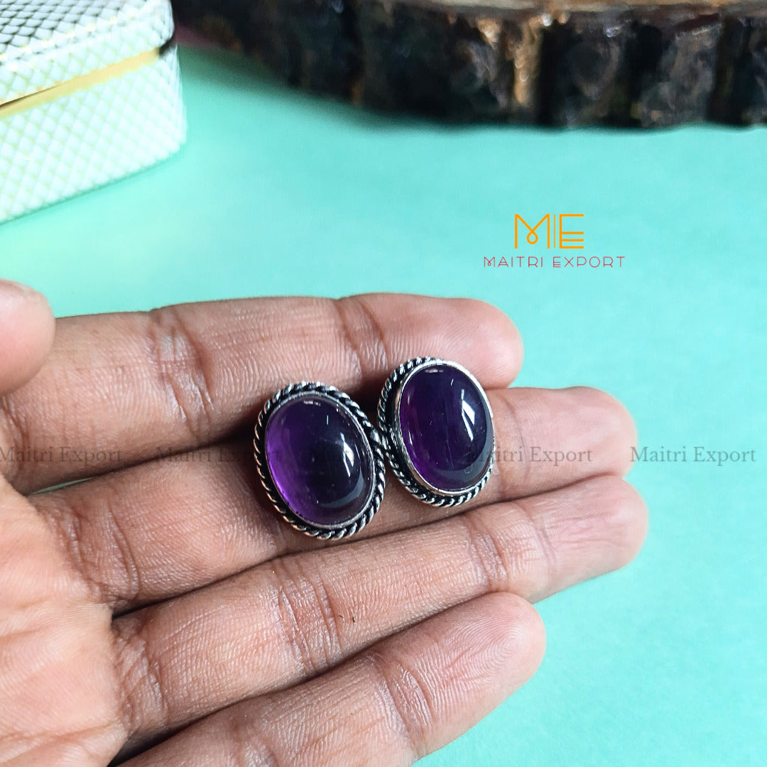 Natural Crystal gem stones Stud Earrings-Amethyst-Maitri Export | Crystals Store