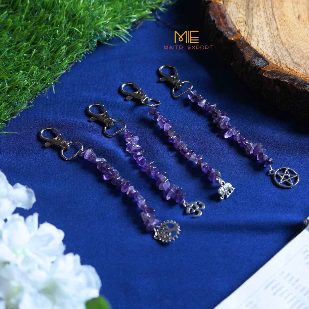 Natural Crystal Stone Chips Keychain with Different charms-Amethyst-Maitri Export | Crystals Store