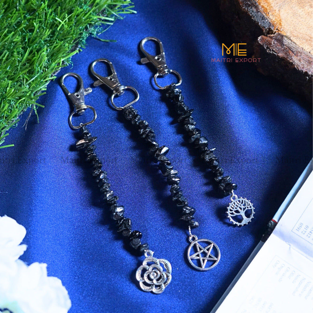 Natural Crystal Stone Chips Keychain with Different charms-Black tourmaline-Maitri Export | Crystals Store