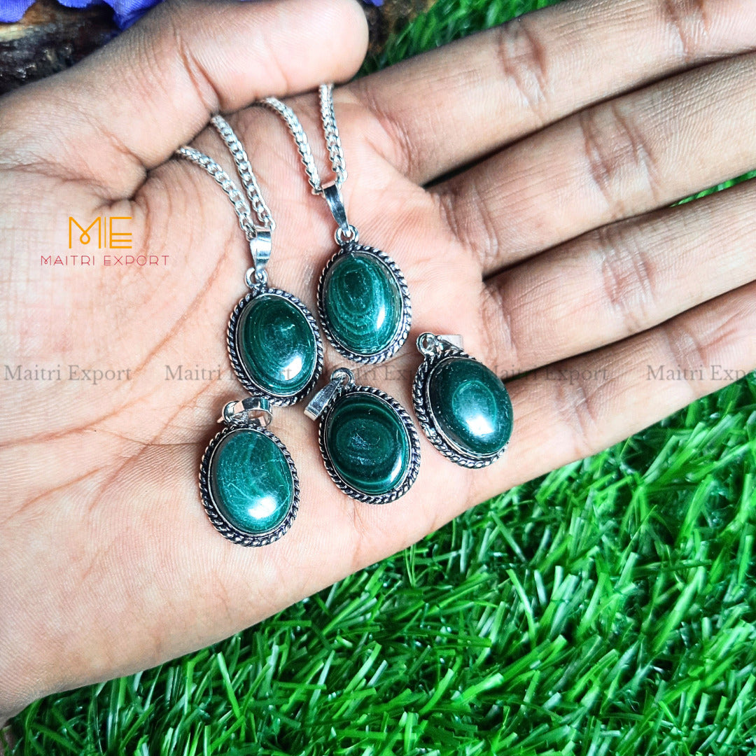 Natural Healing Crystal Gem Quality Oval Shaped Pendant-Malachite-Maitri Export | Crystals Store
