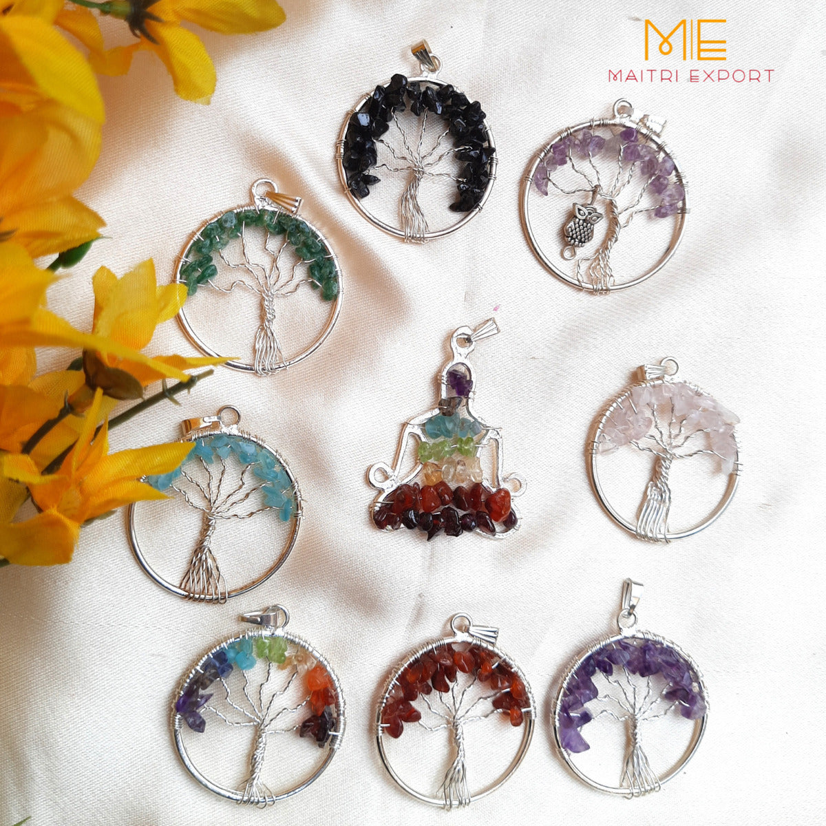 Natural crystal stones tree of life pendants made from mini crystal chips-Maitri Export | Crystals Store