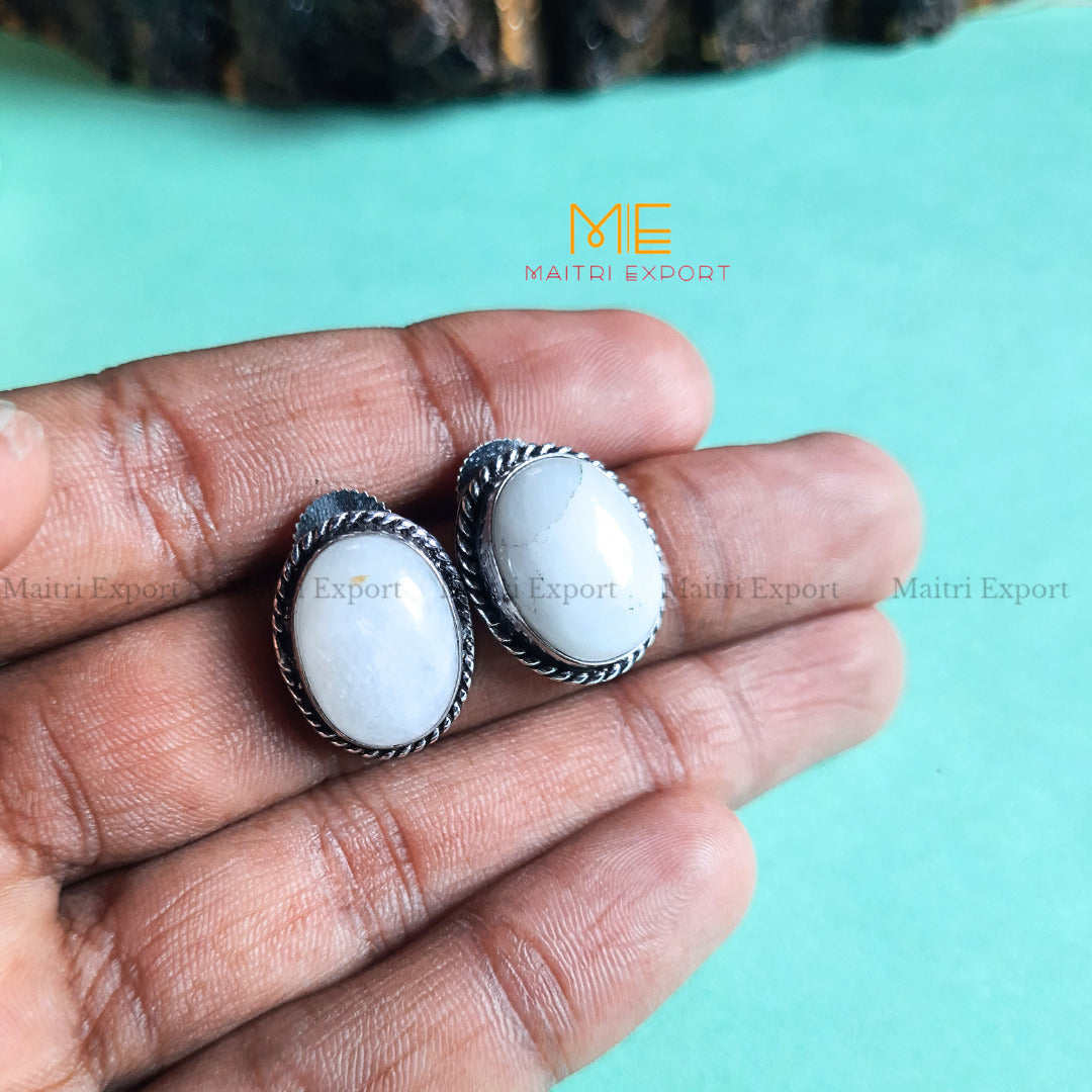 Natural Crystal gem stones Stud Earrings-Rainbow Moonstone-Maitri Export | Crystals Store