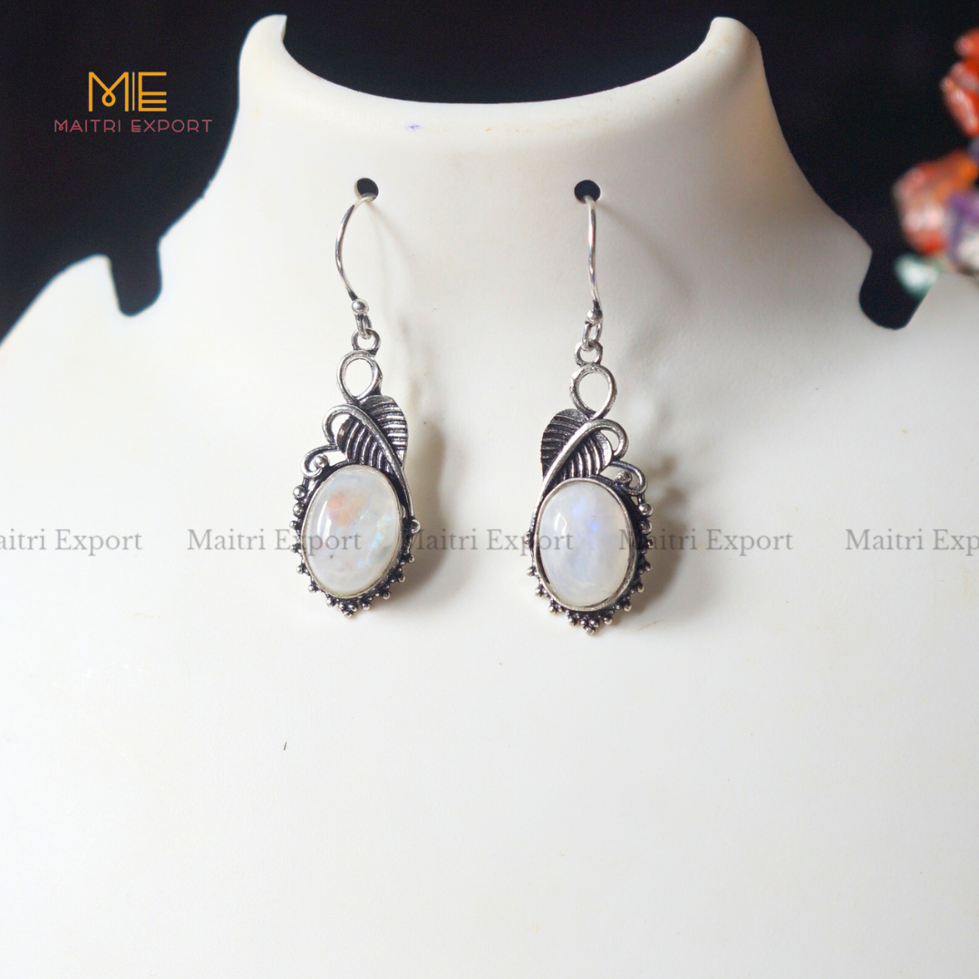 Hanging Gemstone crystal Earrings (2)-Rainbow Moonstone-Maitri Export | Crystals Store