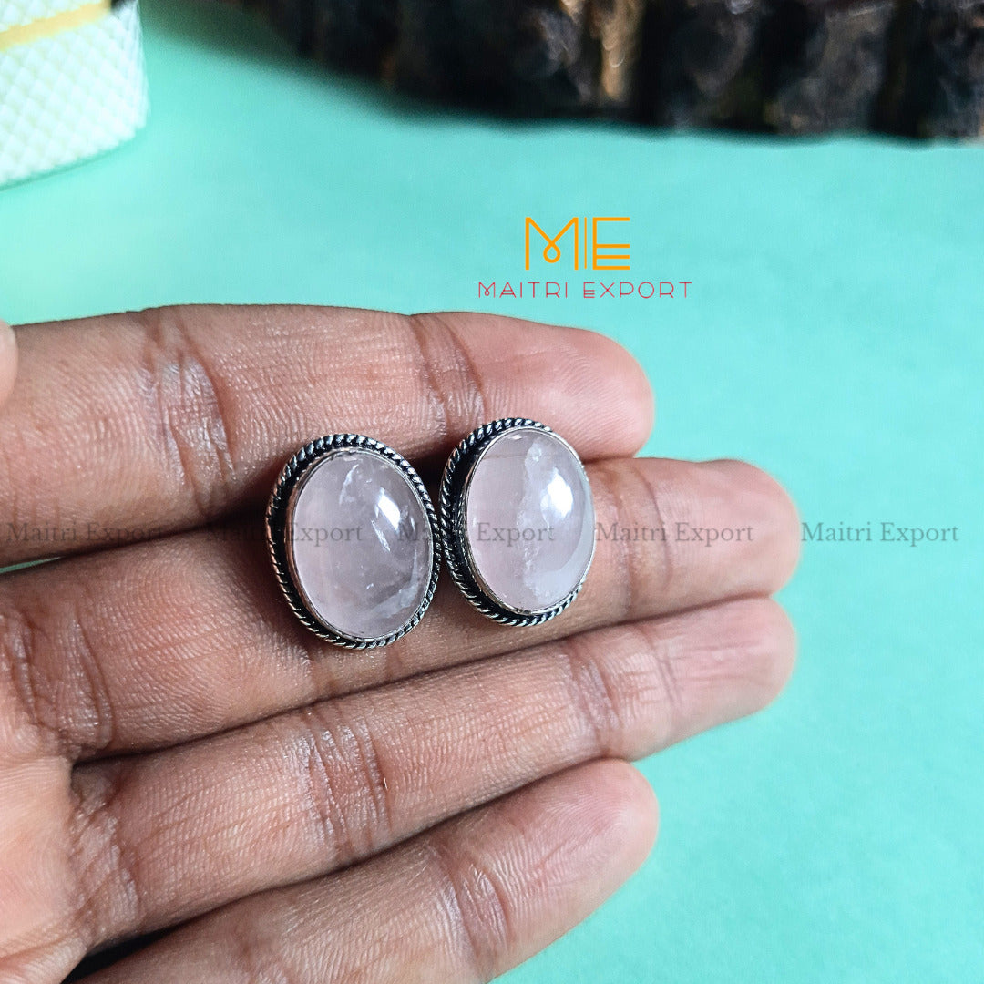 Natural Crystal gem stones Stud Earrings-Rose Quartz-Maitri Export | Crystals Store