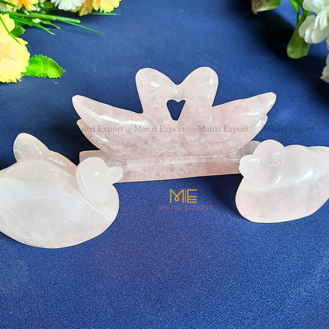 Natural rose Quartz hand carved mandarin duck pair-Maitri Export | Crystals Store