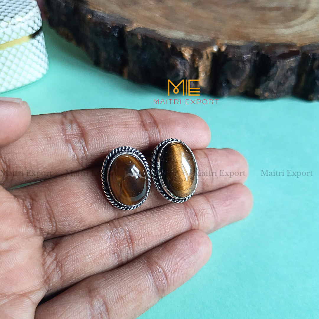 Natural Crystal gem stones Stud Earrings-Tiger Eye-Maitri Export | Crystals Store