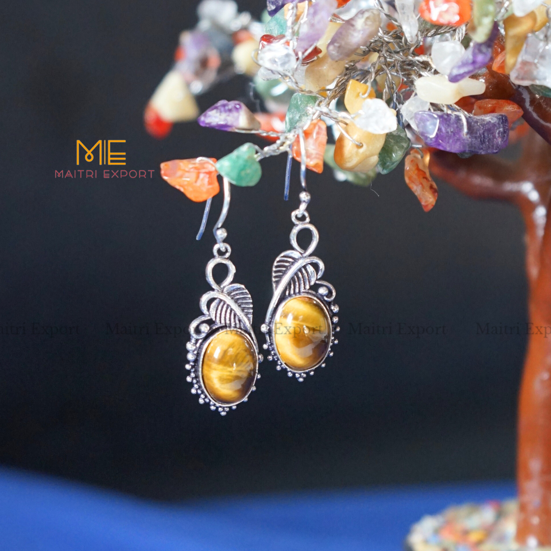 Hanging Gemstone crystal Earrings (2)-Tiger Eye-Maitri Export | Crystals Store